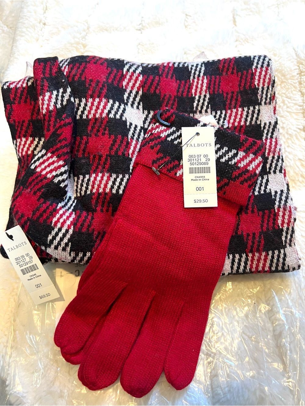 Talbots Red, Black & White Plaid Scarf with Red Knit Gloves